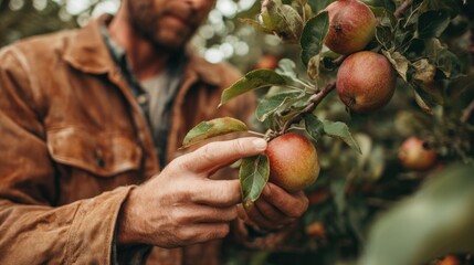 Man inspecting apples on tree