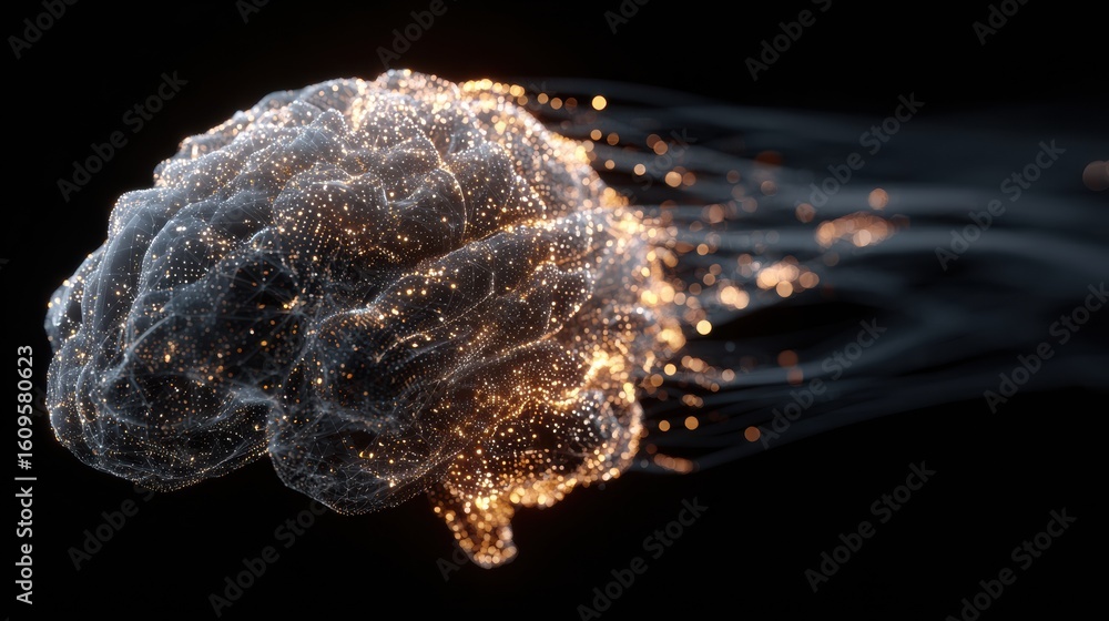 Poster glowing brain made of particles on a dark background with one side untouched