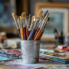 Fototapeta premium Collection of paintbrushes metal container cluttered artist table, with colorful paint stains and art supplies background, conveying creativity