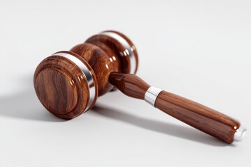 A traditional wooden gavel for a judge or auctioneer, isolated on a white background. Justice, law, authority.
