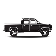  A black and white silhouette illustration of a pickup truck in profile view facing left. © Shohan