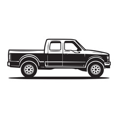  A black and white silhouette illustration of a pickup truck in profile view facing left.