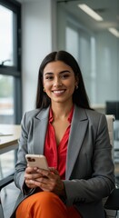 Smiling Woman Holding Smartphone in Bright Modern Office Environment Portrait