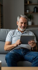 Mature Man Using Tablet Smiling While Relaxing On A Couch At Home