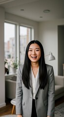 Smiling Asian Woman In Business Clothes Standing Indoors And Looking Happy