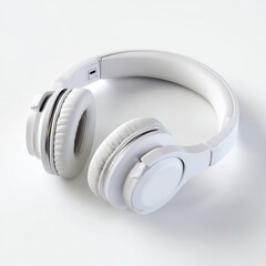 A pair of generic white over-ear headphones, folded, isolated on a pure white background. Audio, travel.