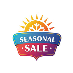 A colorful seasonal sale badge with sun and snowflake icons isolated on transparent background