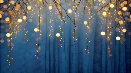 Golden fairy lights cascade on blue textured background