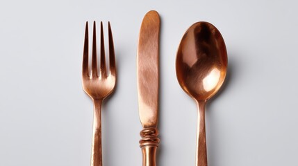 A set of three polished copper forks, knives, and spoons arranged symmetrically, isolated on a white background. Rustic cutlery, dining.