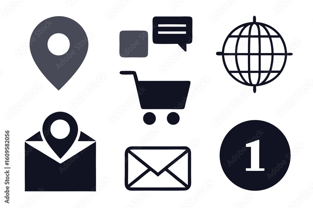Poster vector art of a set of communication and ecommerce icons are displayed on a white background