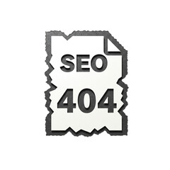 A torn document icon with seo 404 text, representing a website error, isolated on white isolated on transparent background