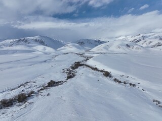 An expansive view of a flat, snow-covered landscape with scattered low bushes or trees, extending...
