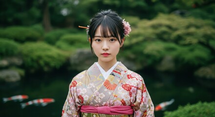 A Pretty Japanese Woman Wearing Kimono in Lush Green Garden