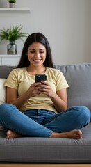 Beautiful Woman Smiling While Using Her Cell Phone Happily on Sofa