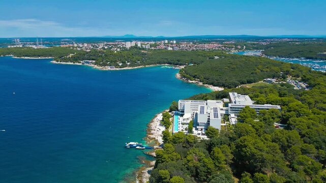 Aerial view of Verudela Peninsula near Pula, Croatia &ndash; scenic coastline with Hawaii Beach and Verudela Canyon, turquoise sea and lush pine forest