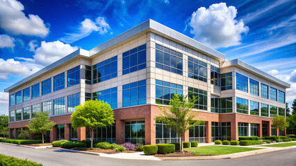 Exterior view of a modern office building with glass windows and a cloudy blue sky background