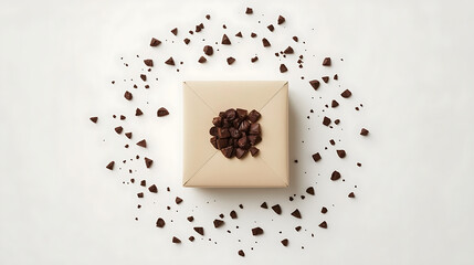 A minimalist flat lay of a beige square gift box on a white background, topped with crumbled chocolate, surrounded by scattered chocolate chunks and crumbs, with clean, modern composition and soft nat