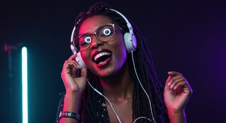 Beautiful African Woman Listening Music With Headphones And Enjoying The Song