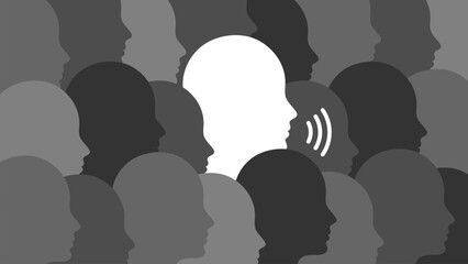 Speaking Up in Crowd Concept. Silhouette of One Voice Among Many, Individual Opinion, Communication and Leadership Idea, Standing Out, Public Speaking, Protest, Influence, Awareness