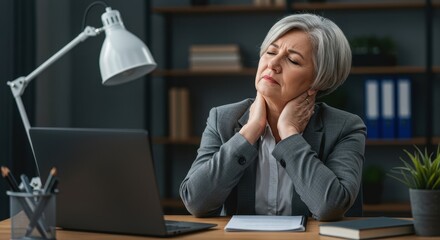 Senior Office Worker Experiencing Neck Pain And Suffering Great Discomfort Now