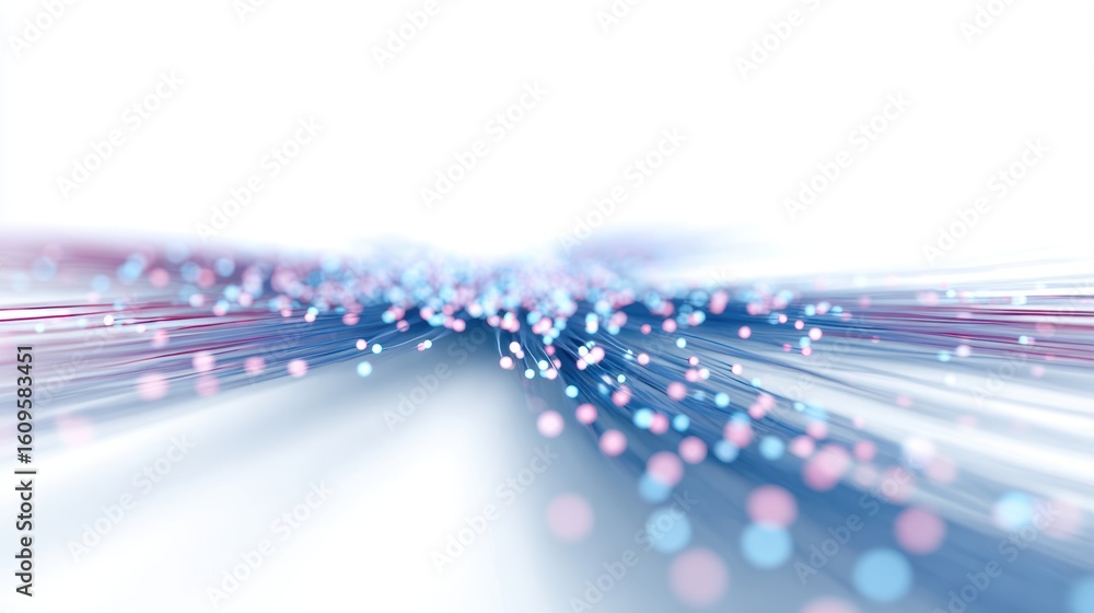 Poster abstract data points flowing from multiple sources, converging into a central point, isolated on a p