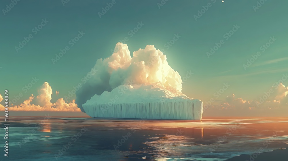 Poster a large iceberg floats in the ocean under a sky with clouds and a warm sunset glow reflecting on wat