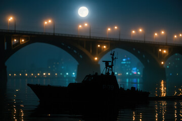 Silhouette of a Patrol Boat on Calm Waters Under a Bright Moon and City Lights