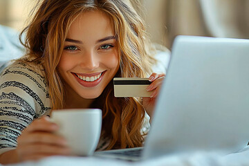 Young woman happily shopping online with a laptop and coffee in a cozy bedroom