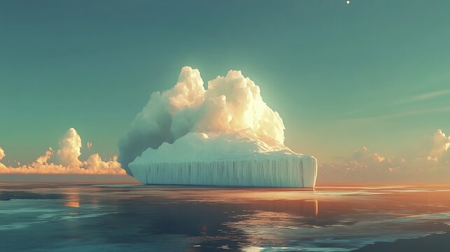A large iceberg floats in the ocean under a sky with clouds and a warm sunset glow reflecting on water - Powered by Adobe