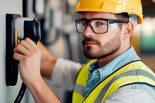 A skilled electrician wearing safety gear installs a charging station on the wall of a modern commercial building. Bright yellow construction helmet and protective glasses ensure safety on the job.