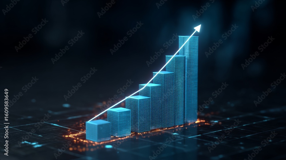 Poster blue line with a white arrow pointing upward. the line is made up of cubes. the cubes are stacked on