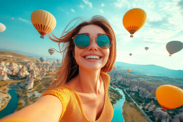 Smiling woman enjoying a colorful hot air balloon ride over stunning Cappadocia landscape during bright sunny day