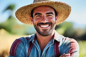 A cheerful farmer stands confidently in a sunlit field, wearing a straw hat and a plaid shirt.