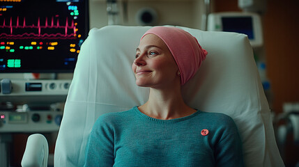 A young woman wearing a pink headscarf sits in a hospital room, looking serene and hopeful while receiving cancer treatment. 