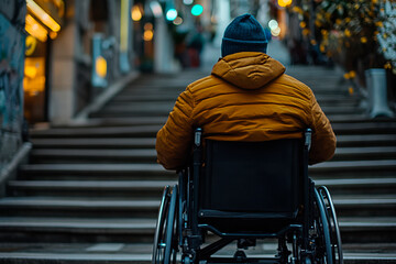 A man in a yellow jacket sits in a wheelchair at the foot of a staircase illuminated by city lights.
