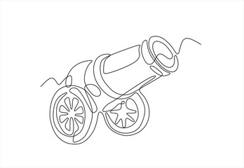 Continuous one line drawing of cannon gun. Army warfare equipment in battlefield one line concept. Hand drawn one line vector. Editable stroke 