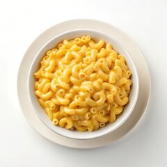 Delicious macaroni and cheese served in a corner against a clean white background, ideal for food-related projects and advertising.
