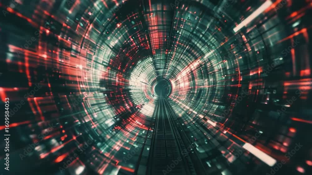 Poster a dark tunnel lit by alternating red and green lights, useful for representing danger or warning sig