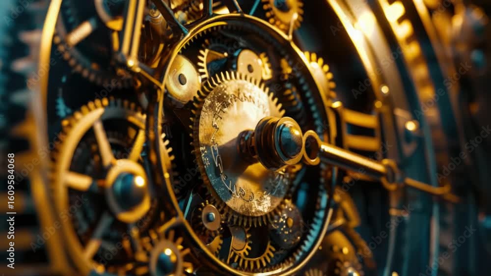 Poster a detailed view of clock mechanisms with intricate gearwork, suitable for use in illustrations about