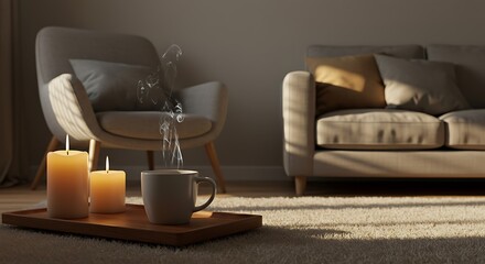 Warm light streams into a cozy living room with candles and a steaming cup of coffee.
