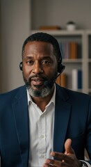 Focused African American Man Wearing Headset During Video Conference Call