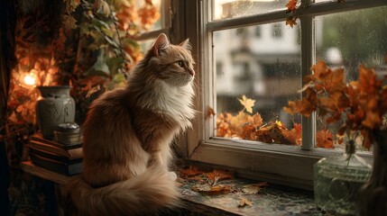 Orange Cat Sitting on Windowsill, Watching Autumn Leaves Fall