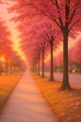 Beautiful sidewalk lined with pink blossom trees at sunset, dreamy spring landscape with soft light and vibrant colors, romantic nature scene