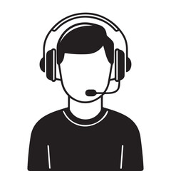 A minimalist black and white icon illustration of a customer service representative wearing a headset. 