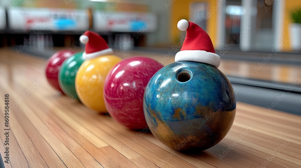 Poster row of bowling balls with santa hats on them. the balls are of different colors and sizes