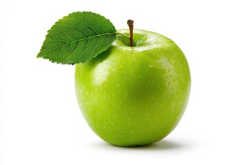 A vibrant green apple with a fresh leaf on a clean white backdrop for culinary designs and health-focused themes. Ideal for nutrition and wellness initiatives