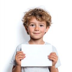 Fototapeta premium A happy child holding a drawing, looking proud, isolated on a pure white background. Creativity, art, childhood achievement.