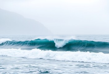 Obraz premium Ocean wave breaking in the sea, with a mountain in the background