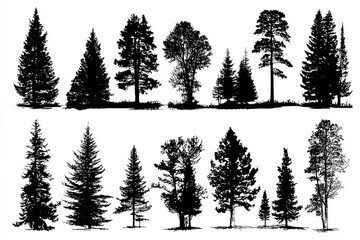 Diverse silhouettes of canadian pine trees for nature-inspired designs and eco-friendly projects, perfect for outdoor themes and unique environmental visuals