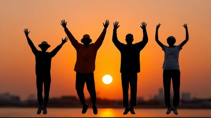 Four people are jumping in the air with their hands raised, and the sun is setting in the background. Scene is joyful and uplifting, as the people are celebrating and enjoying the moment together